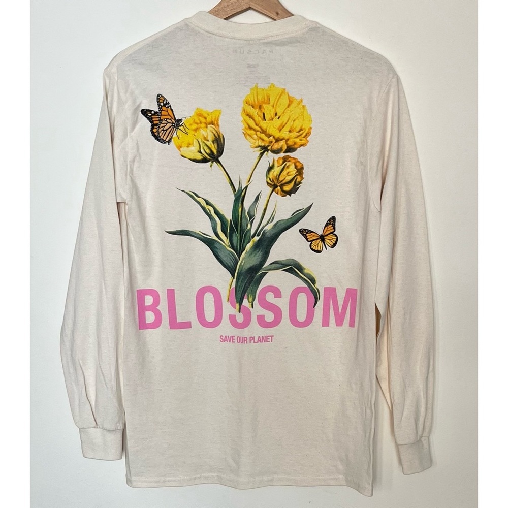 PacSun • S • Off-White Long Sleeve Oversized Crew Neck Blossom Flower Graphic